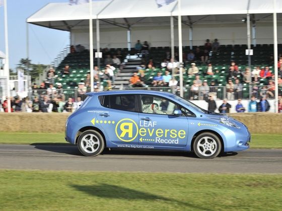 Nissan Leaf Reverse Record attempt at the 2012 Goodwood Festival of Speed Nissan Leaf Reverse Record attempt at the 2012 Goodwood Festival of Speed