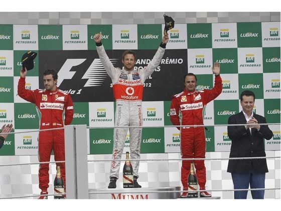 Brazilian GP podium - (L-R) Fernando Alonso (2nd), Jenson Button (1st),
Felipe Massa (3rd)