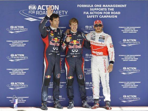 (L-R)Mark Webber 3rd Place, Sebastian Vettel Pole Position,
Lewis Hamilton 2nd place in qualifying at the US GP