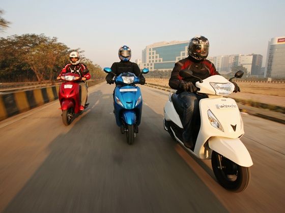 TVS Jupiter vs Honda Activa vs Hero Maestro action shot TVS Jupiter vs Honda Activa vs Hero Maestro action shot